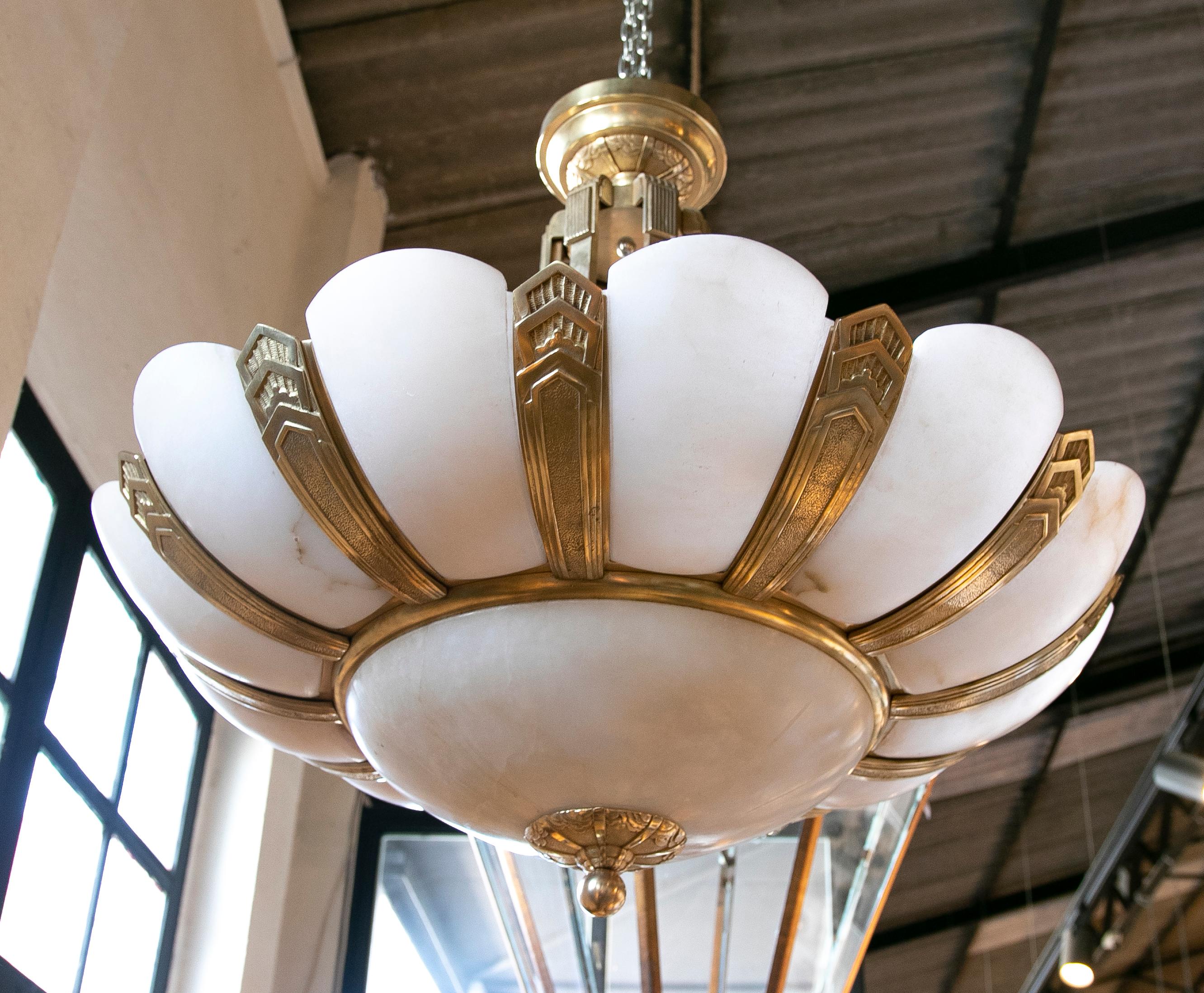 European  1930s Art Deco Ceiling Lamp in Alabaster and Bronze