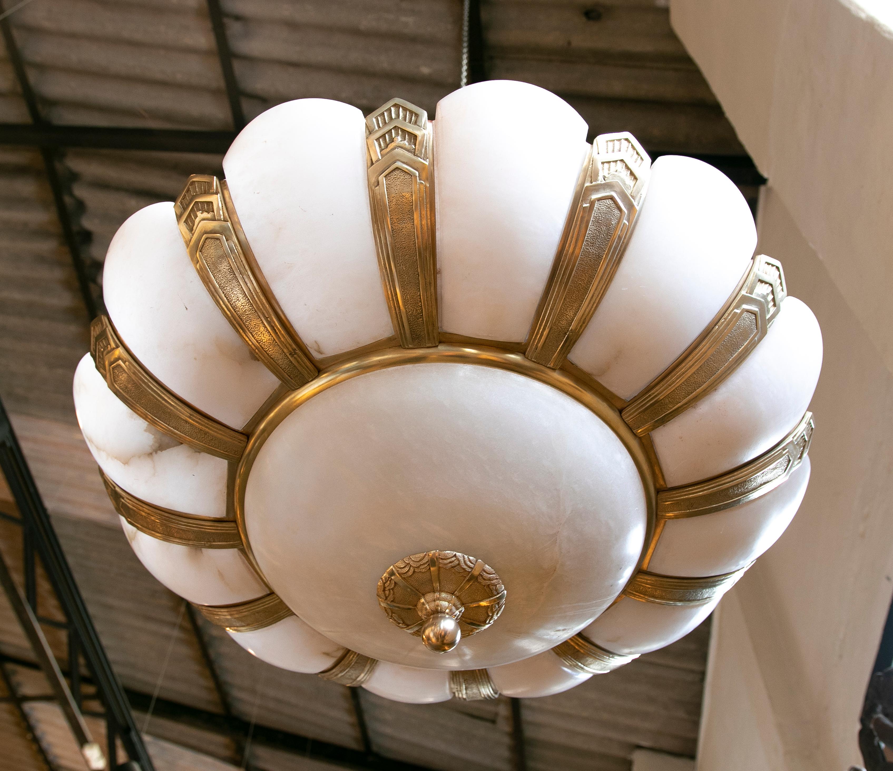 20th Century  1930s Art Deco Ceiling Lamp in Alabaster and Bronze