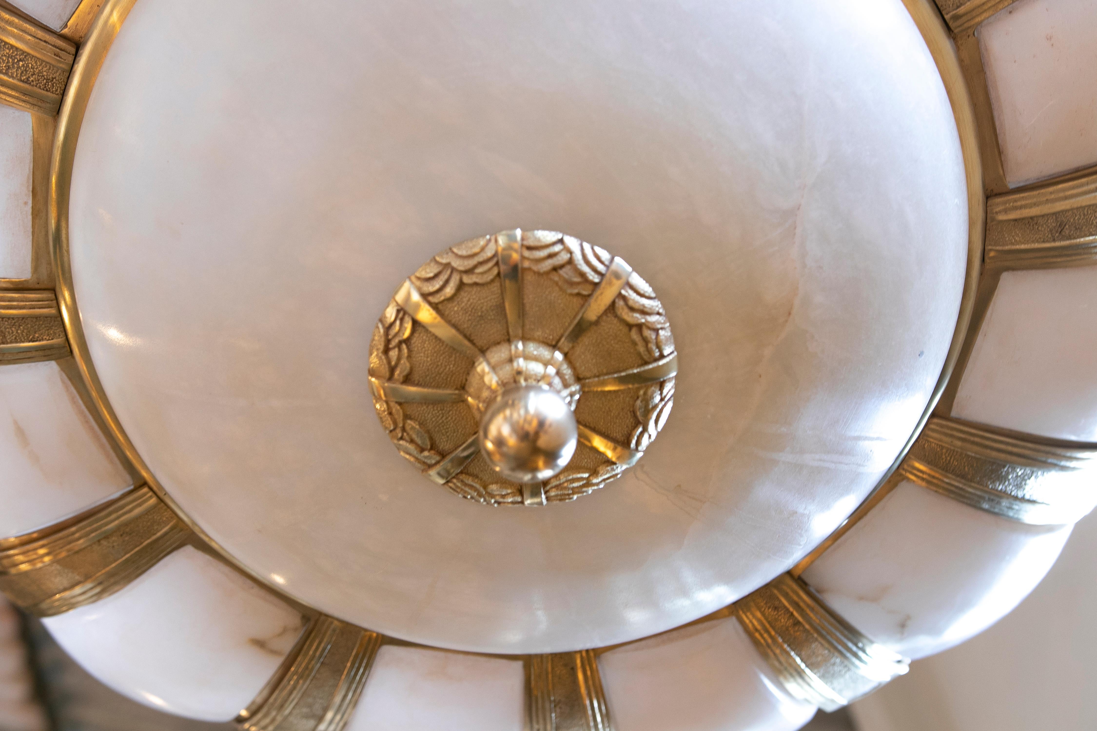  1930s Art Deco Ceiling Lamp in Alabaster and Bronze 1