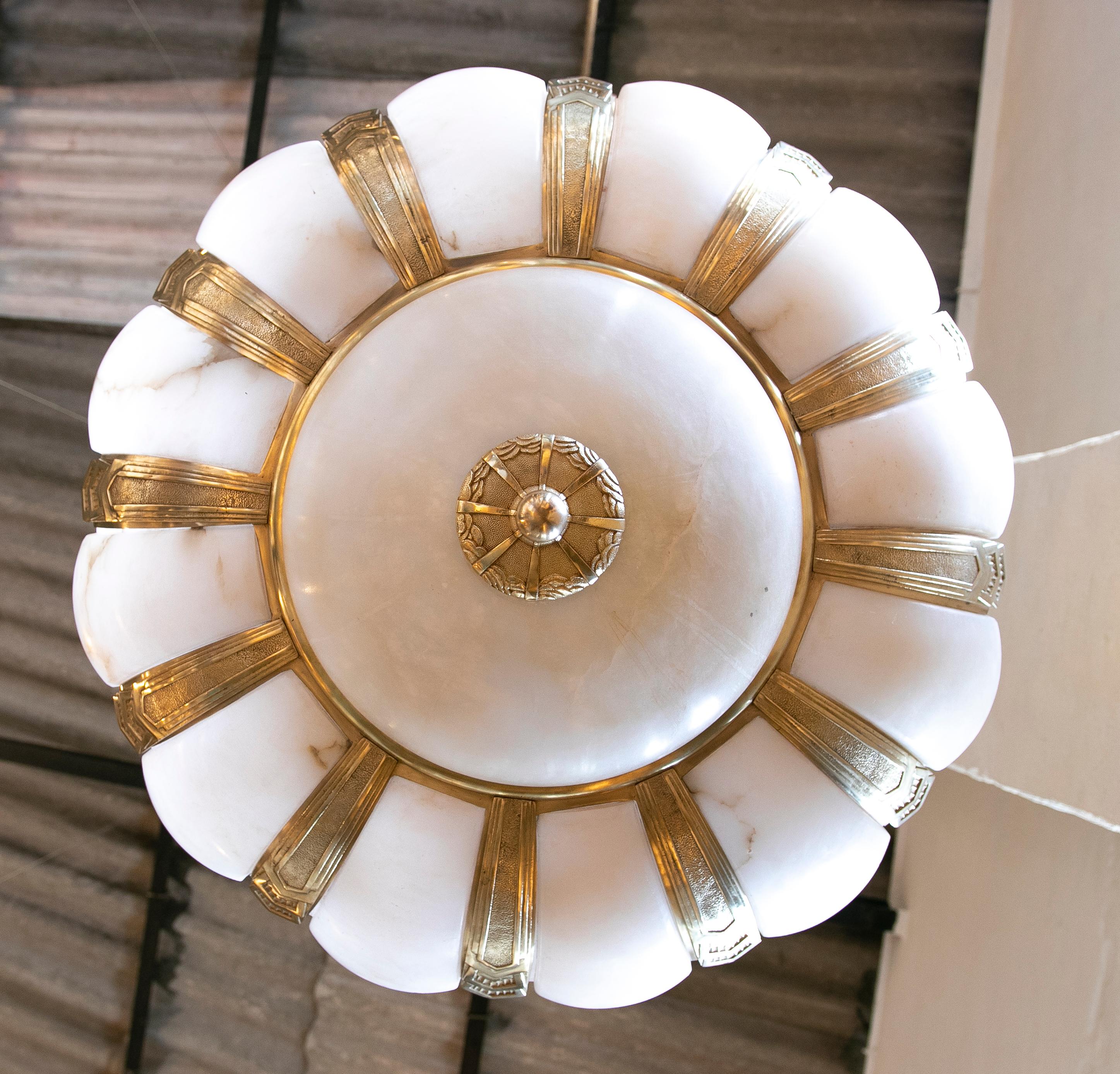  1930s Art Deco Ceiling Lamp in Alabaster and Bronze 3