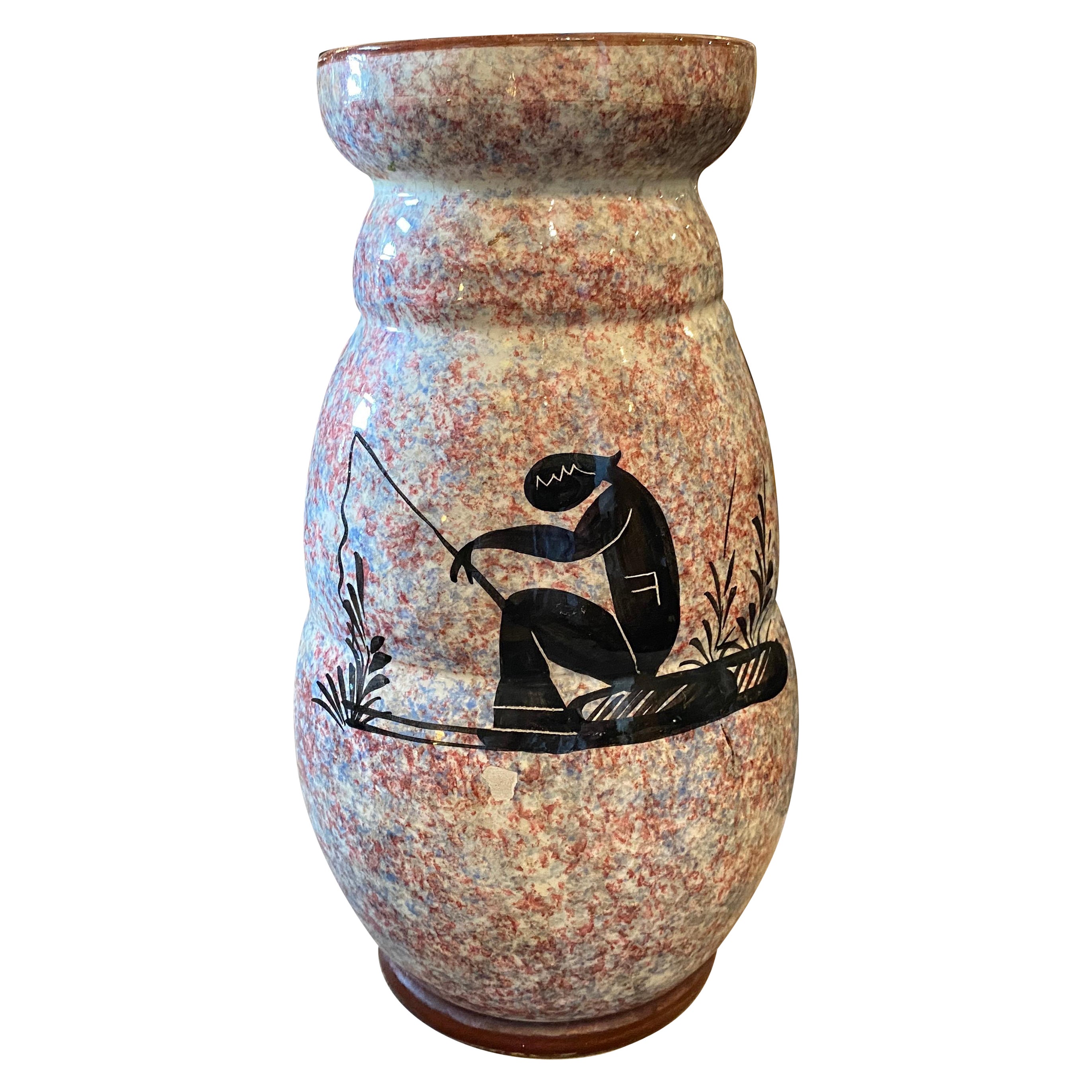 Vaso Art Deco in ceramica italiana del 1930 con pescatore di Bitossi in vendita