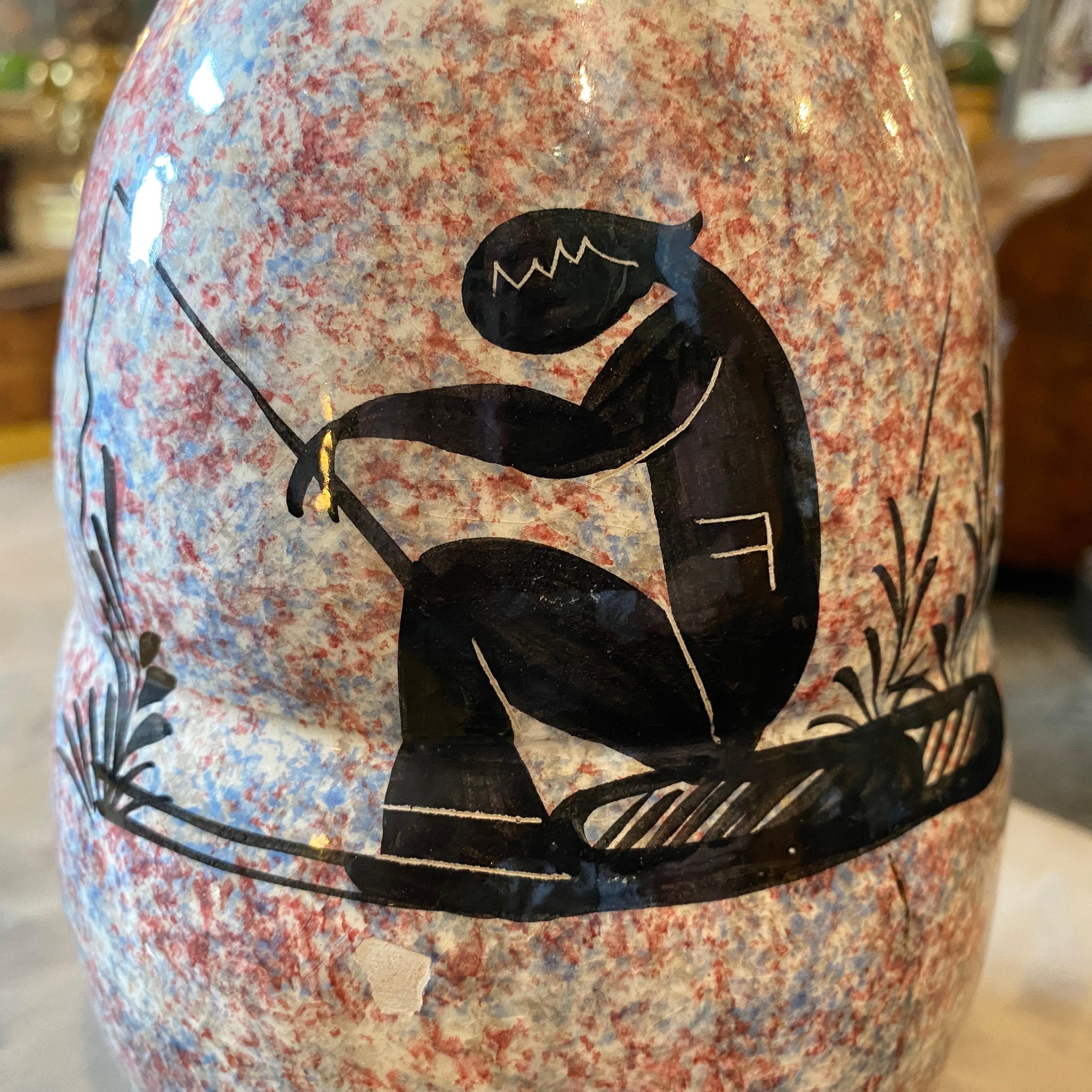 1930s Art Deco Ceramic Italian Fisherman Vase by Bitossi For Sale 7