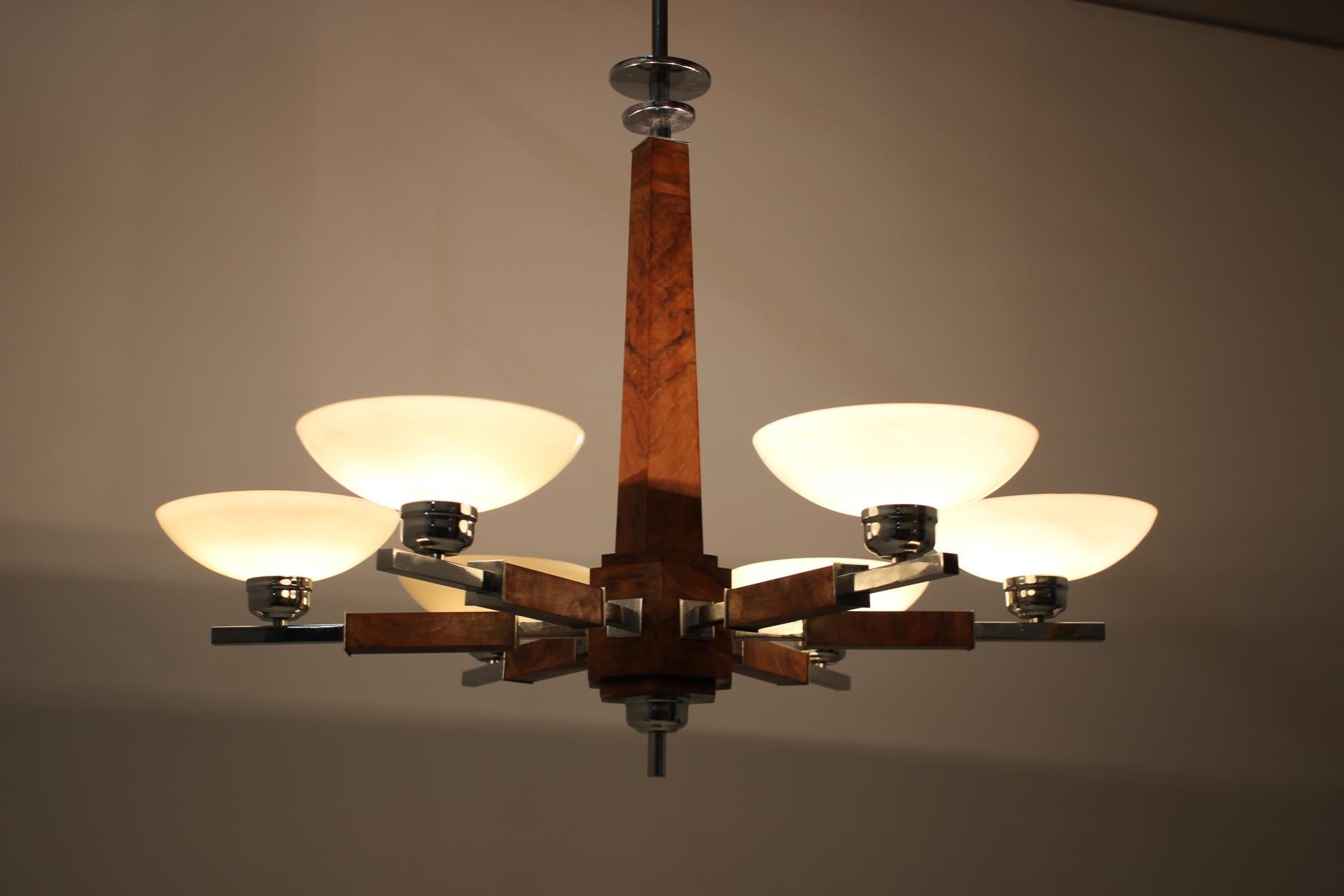 Wood 1930s Art Deco Chandelier, Czechoslovakia