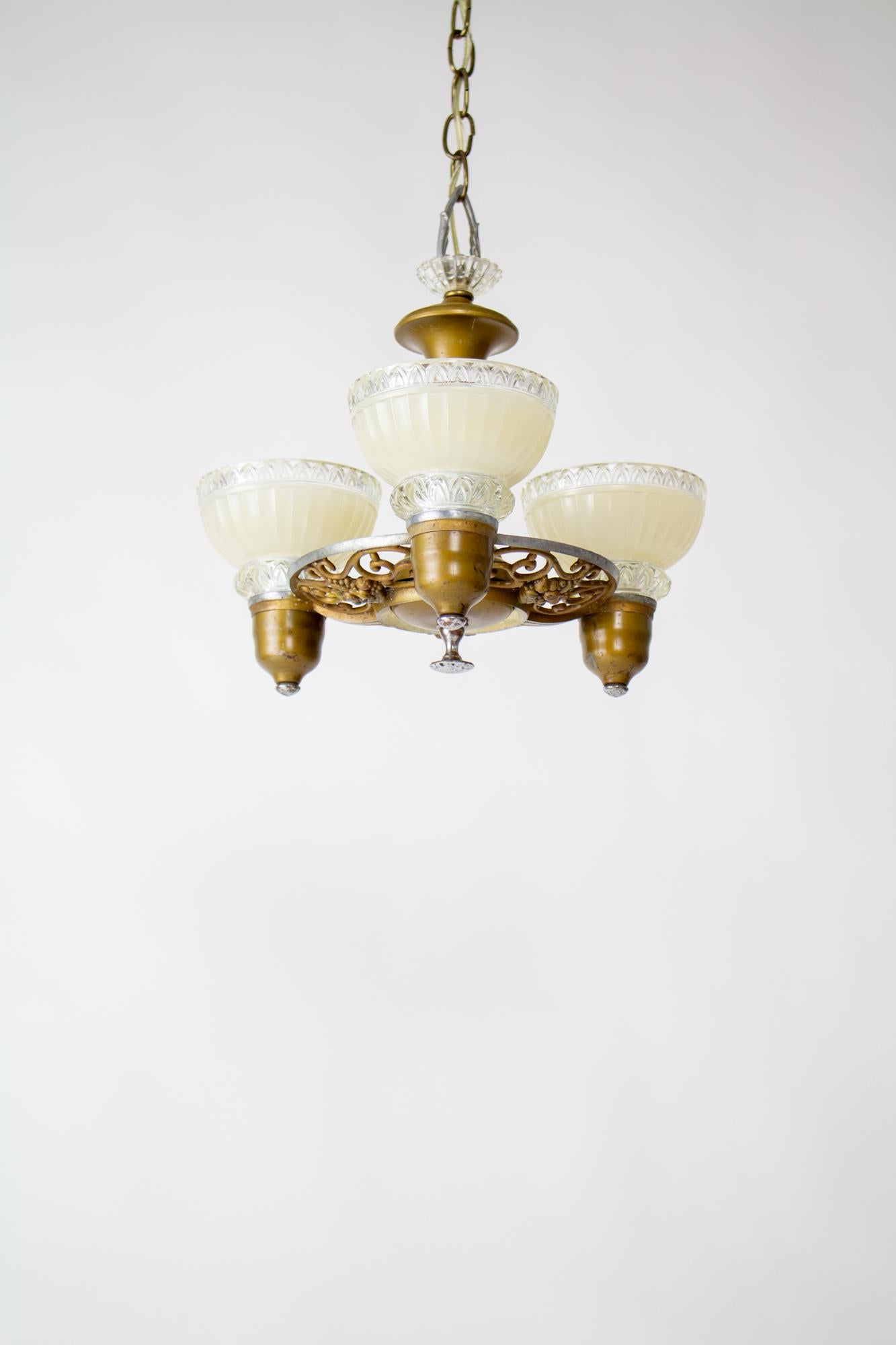 American 1930’s Art Deco Chandelier with Cream and Clear Glass Shades For Sale