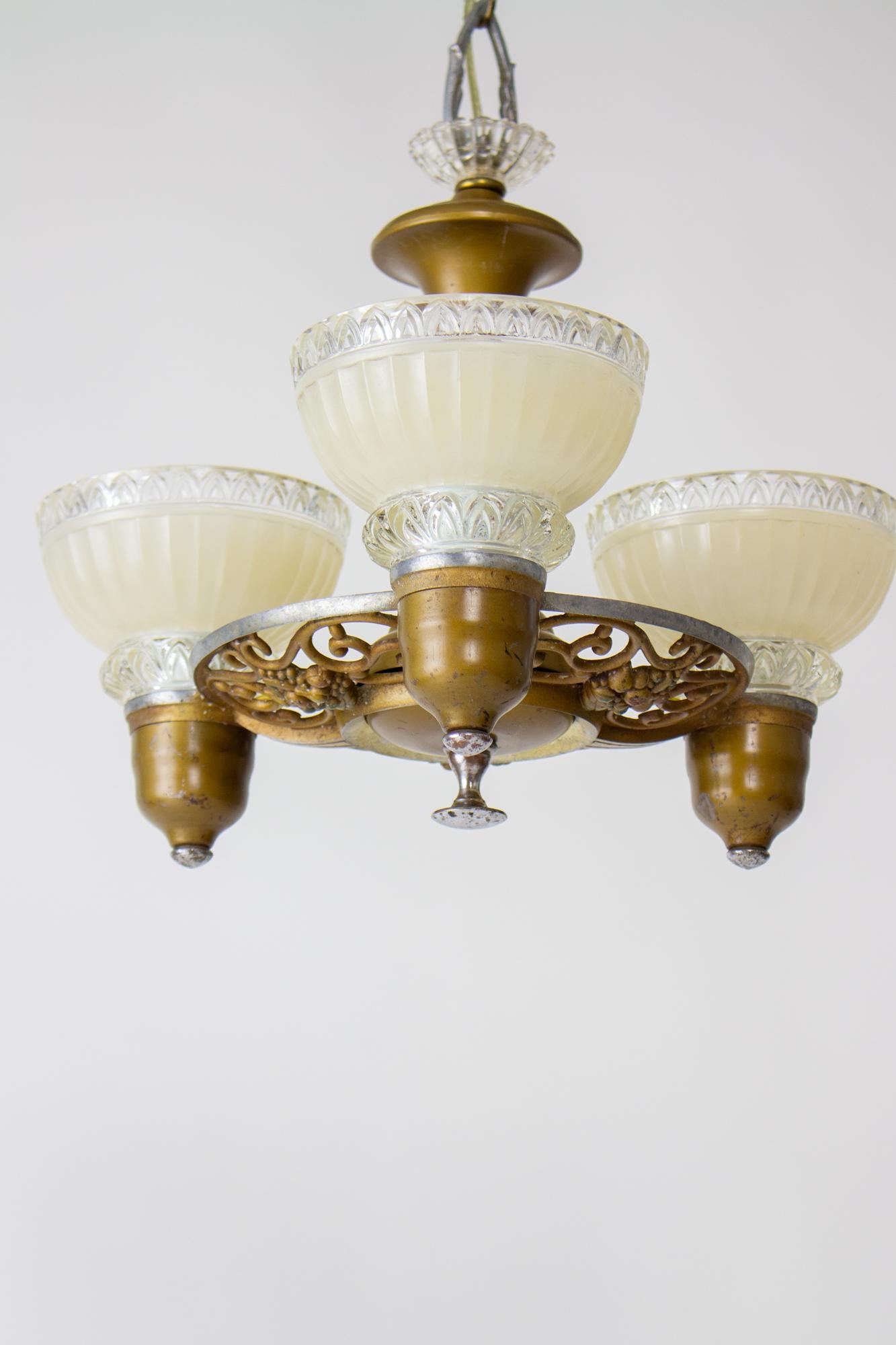 1930’s Art Deco Chandelier with Cream and Clear Glass Shades In Good Condition For Sale In Canton, MA