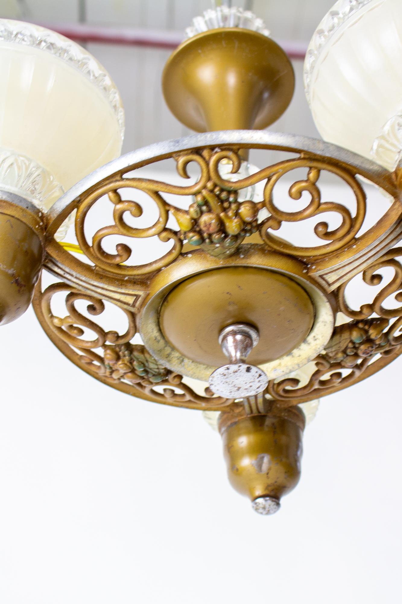 20th Century 1930’s Art Deco Chandelier with Cream and Clear Glass Shades For Sale