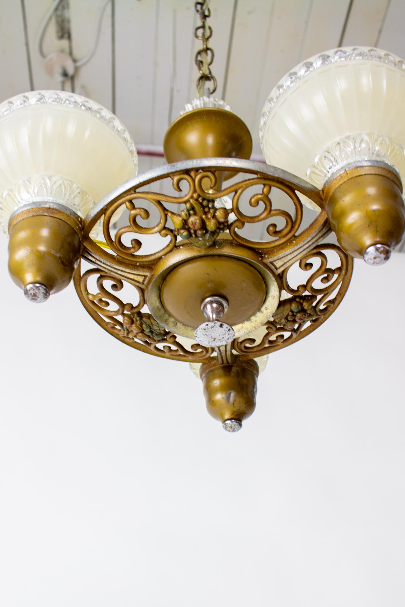 Metal 1930’s Art Deco Chandelier with Cream and Clear Glass Shades For Sale