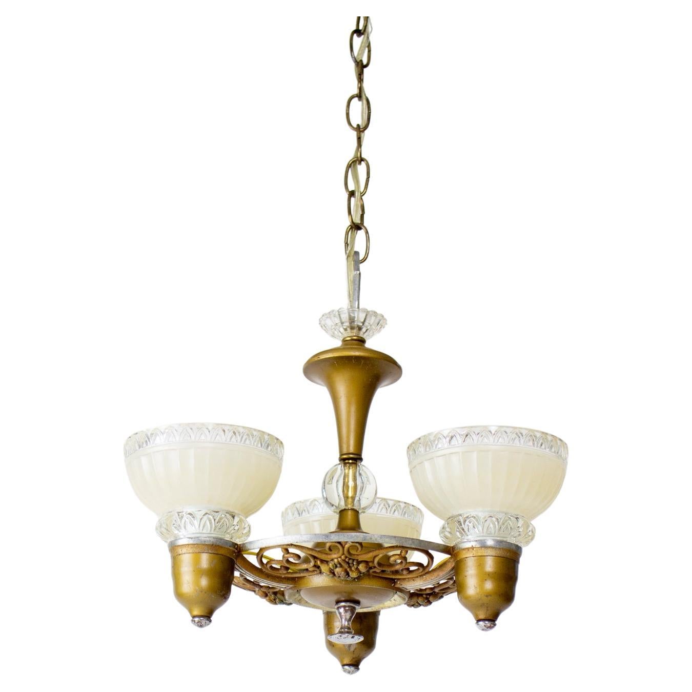 1930’s Art Deco Chandelier with Cream and Clear Glass Shades For Sale