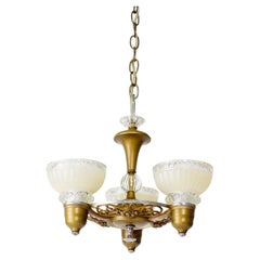 Retro 1930’s Art Deco Chandelier with Cream and Clear Glass Shades