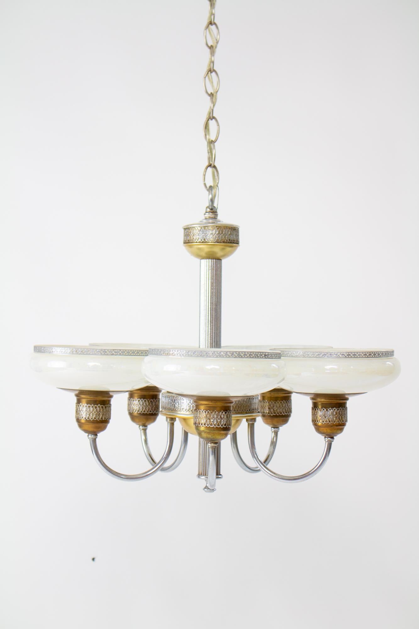 American 1930’s Art Deco Chandelier with Iridescent Glass For Sale