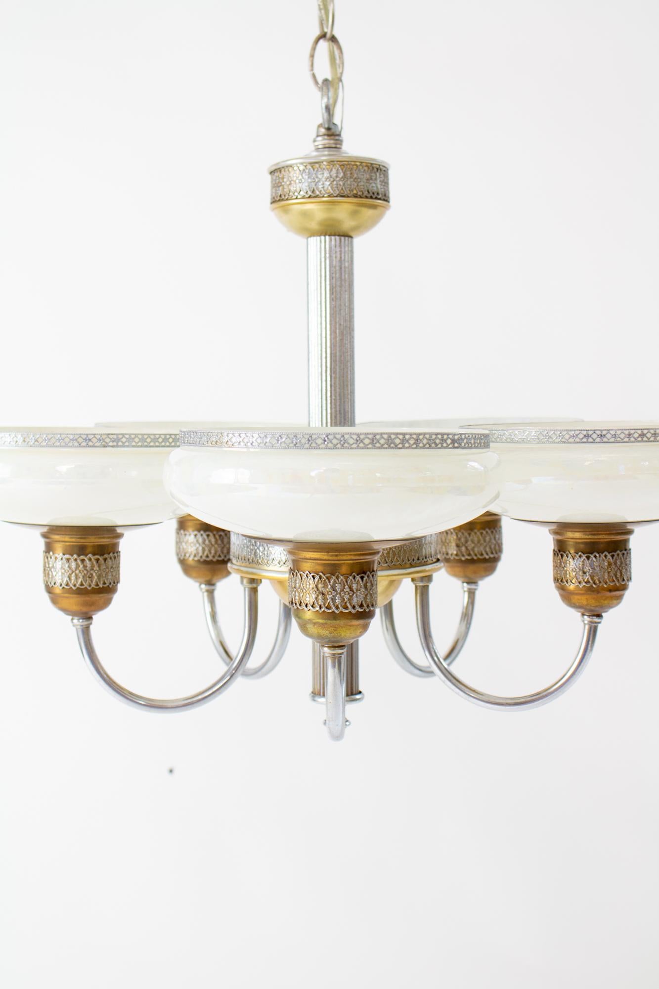 1930’s Art Deco Chandelier with Iridescent Glass In Good Condition For Sale In Canton, MA