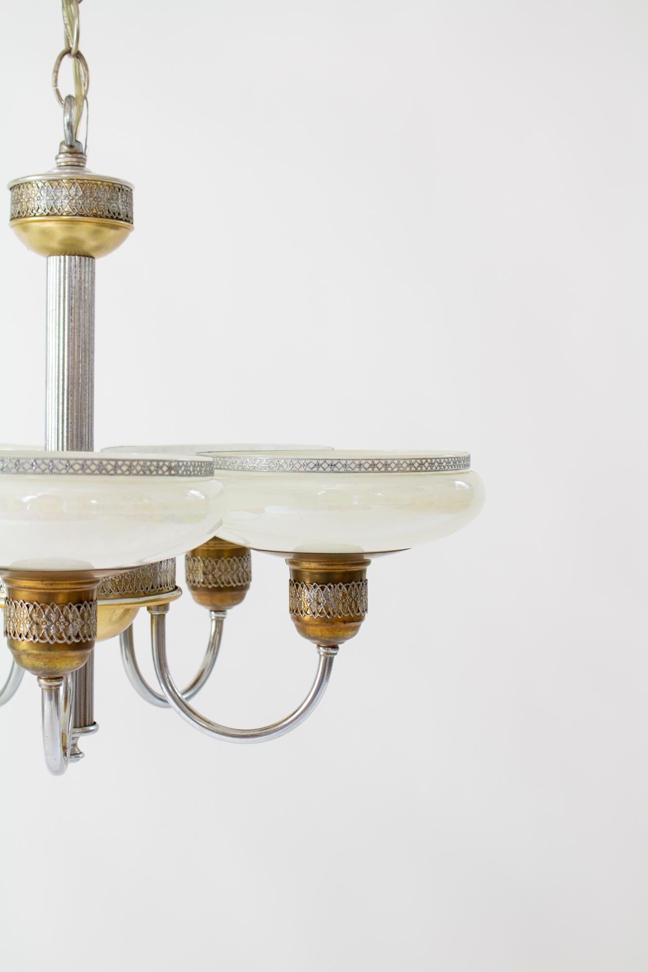 Mid-20th Century 1930’s Art Deco Chandelier with Iridescent Glass For Sale