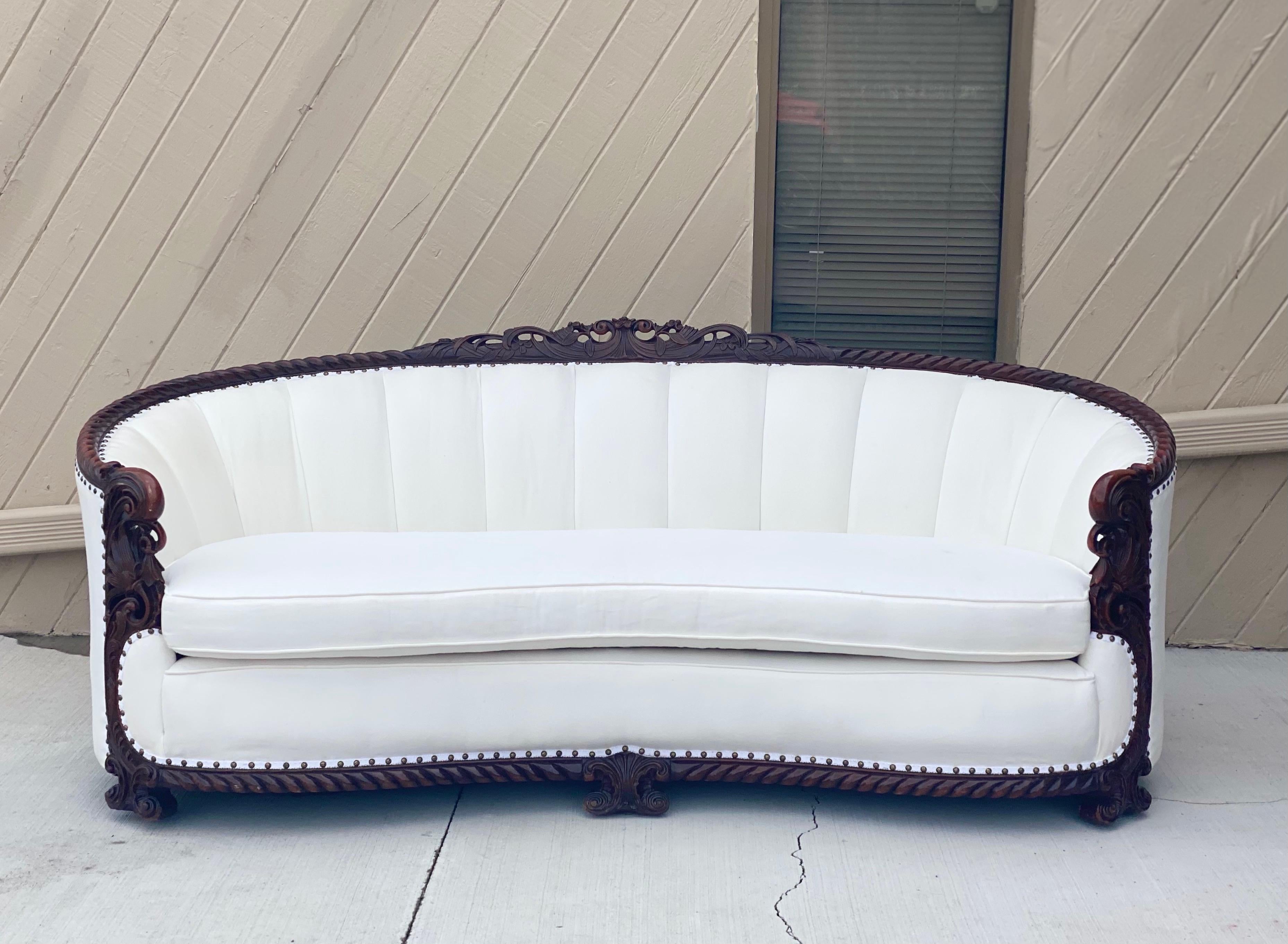 North American 1930s Art Deco Channel Curved White Linen Sofa