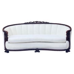 1930s Art Deco Channel Curved White Linen Sofa