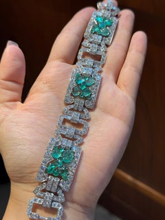 1930's Art Deco Chaumet Platinum Diamond and Carved Emerald Bracelet
