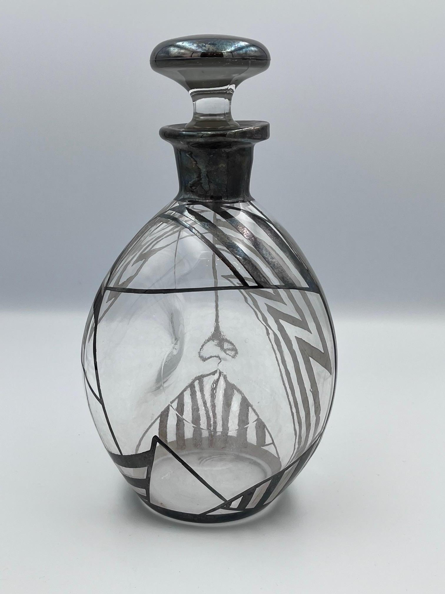 Carafe à décanter Art déco Chevron Lights en verre et en argent des années 1930 en vente 2