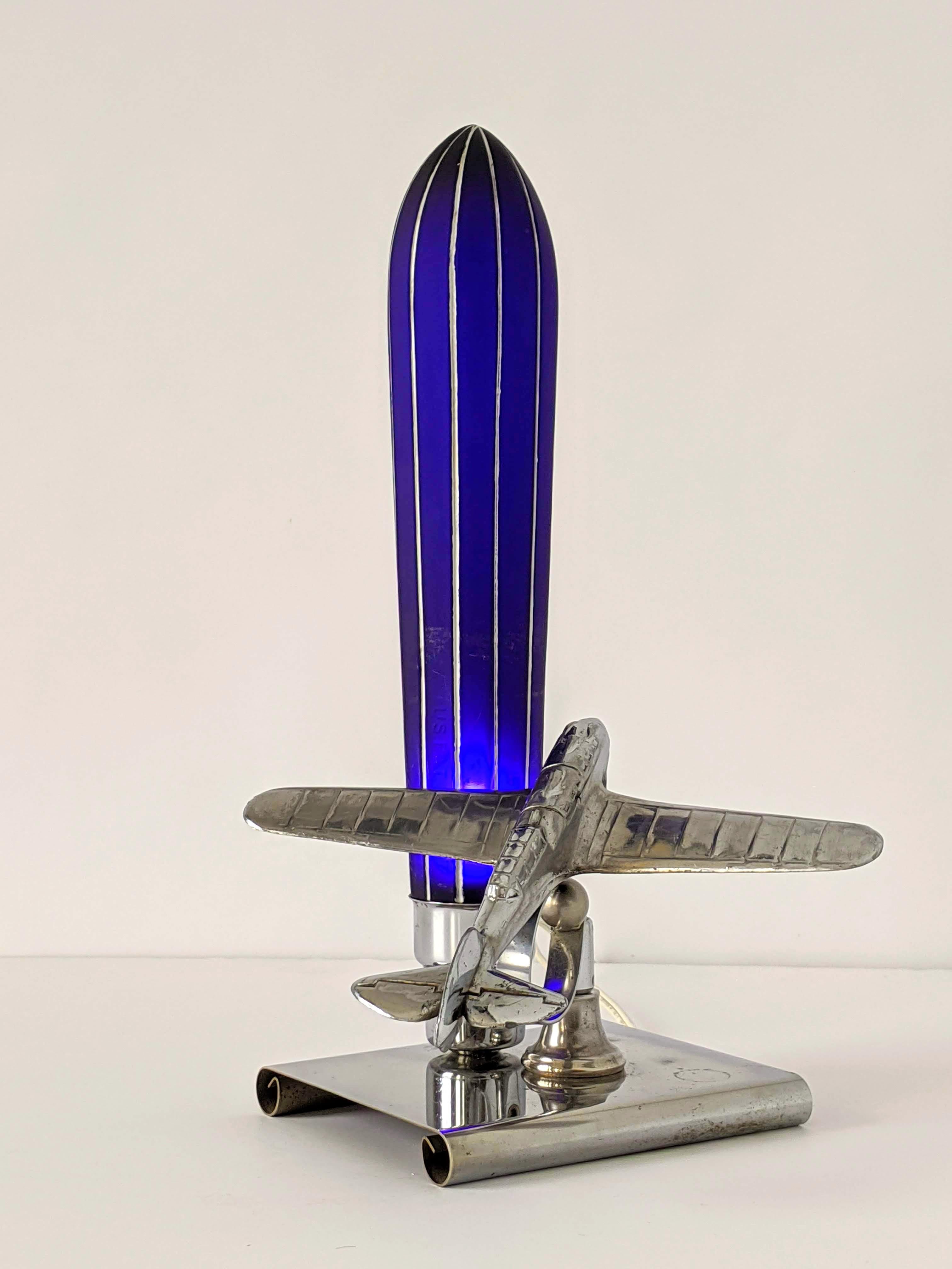 American 1930s Art Deco Chrome Airplane Table Lamp by Ray A. Schober, USA