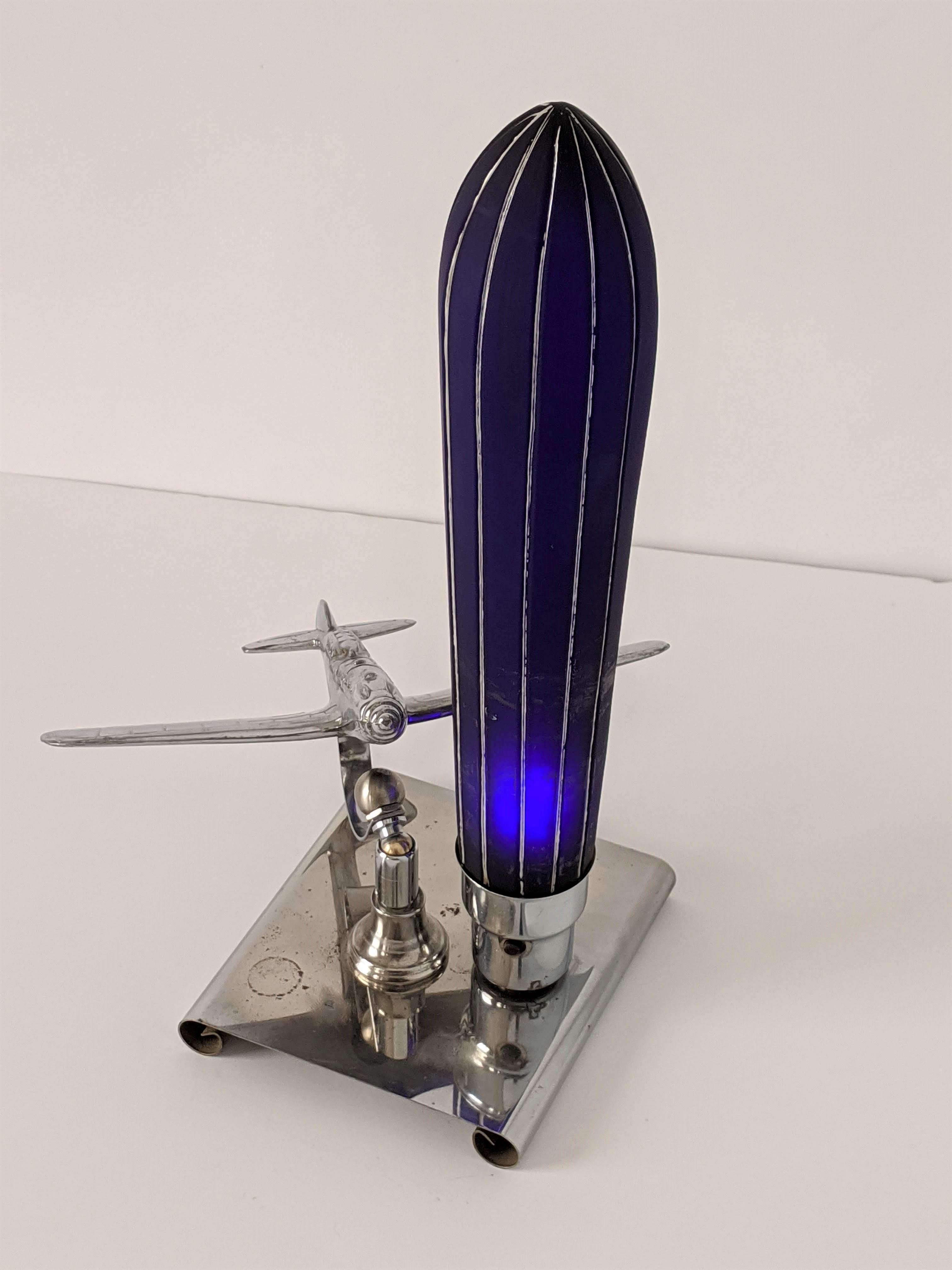 Metal 1930s Art Deco Chrome Airplane Table Lamp by Ray A. Schober, USA