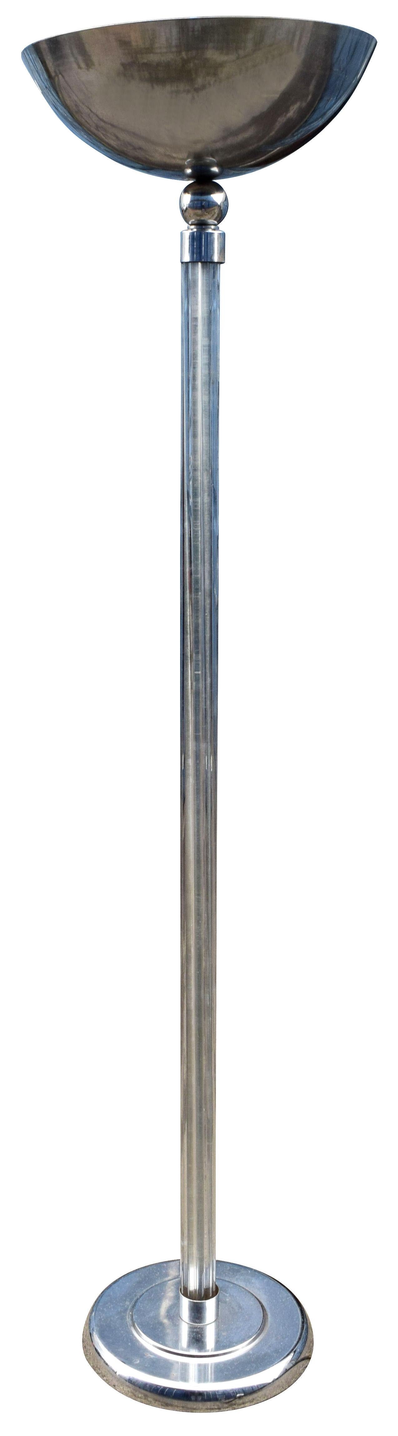 English Art Deco Chrome and Glass Uplighter Floor Lamp, 1930s  For Sale