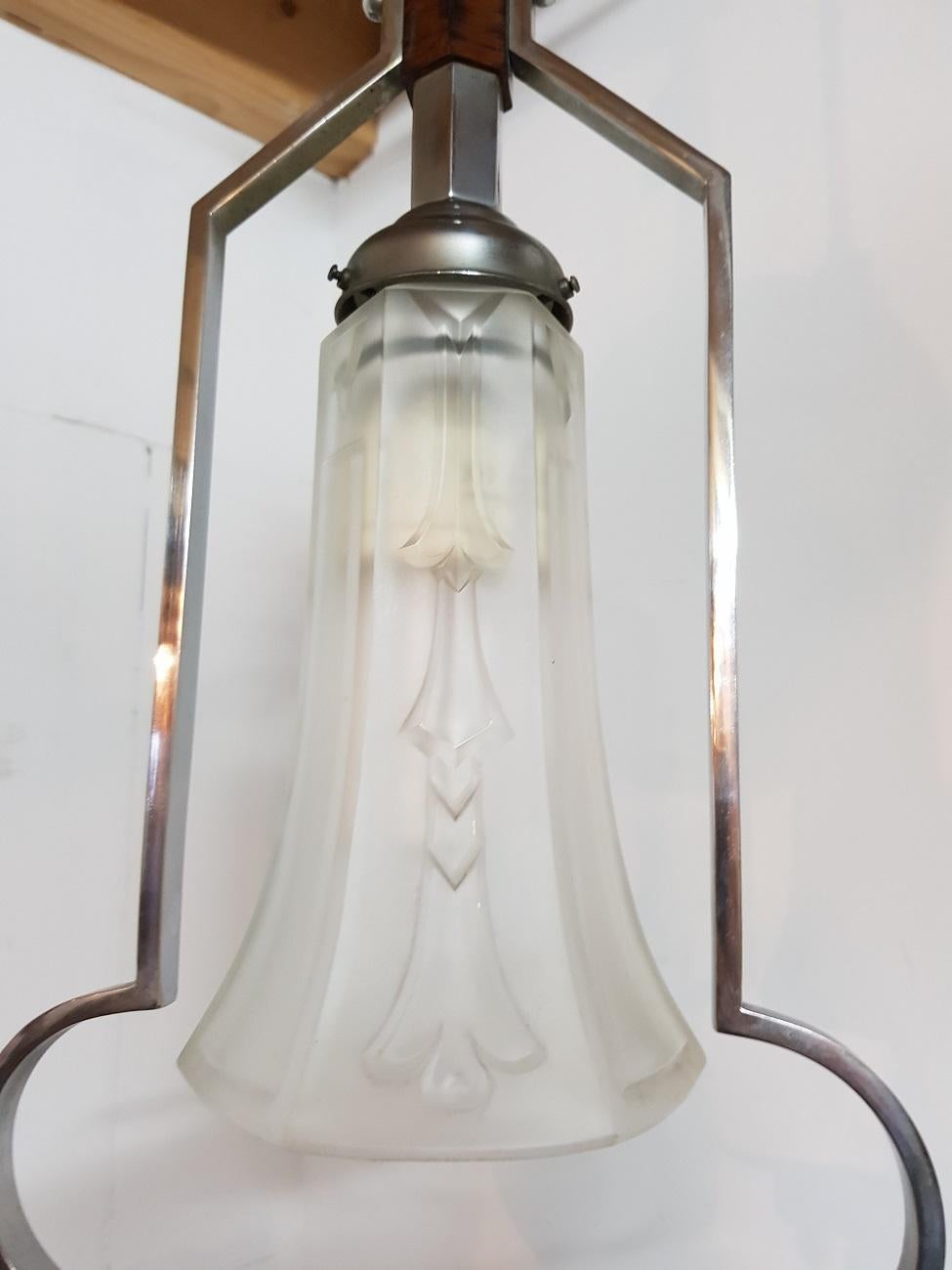 European 1930s Art Deco Chrome and Wooden Hall Pendant with Glass Shade For Sale