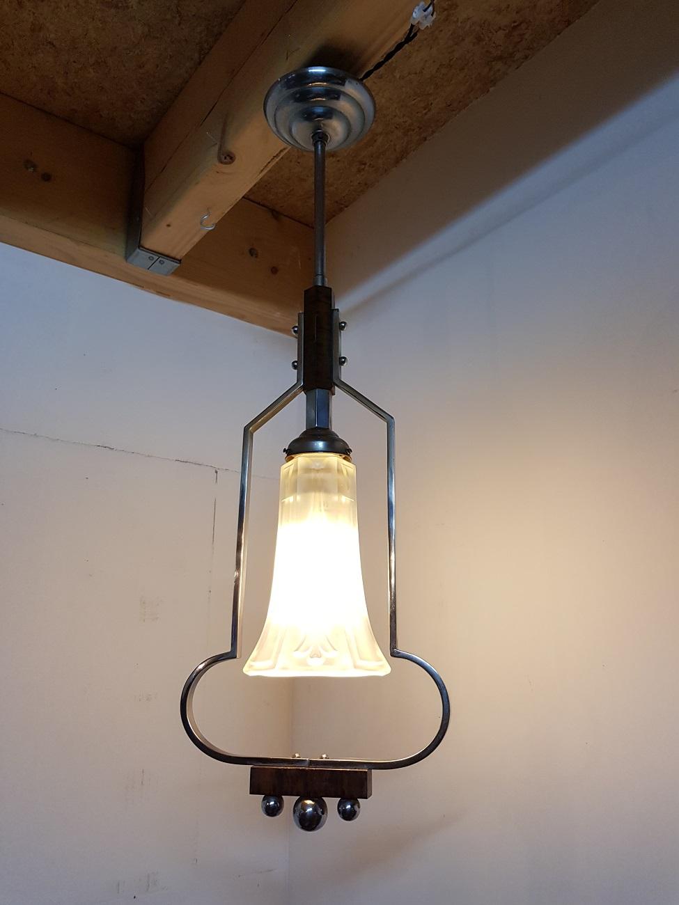1930s Art Deco Chrome and Wooden Hall Pendant with Glass Shade For Sale 2