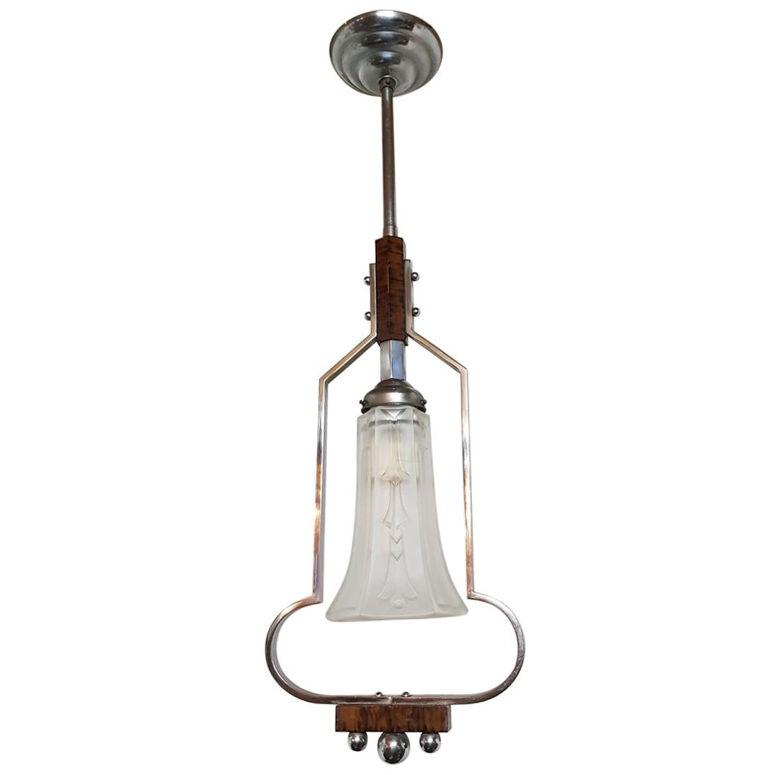 1930s Art Deco Chrome and Wooden Hall Pendant with Glass Shade For Sale