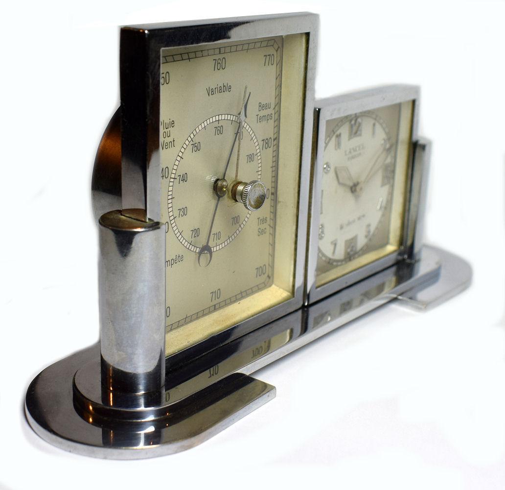 French 1930s Art Deco Chrome Barometer and Clock