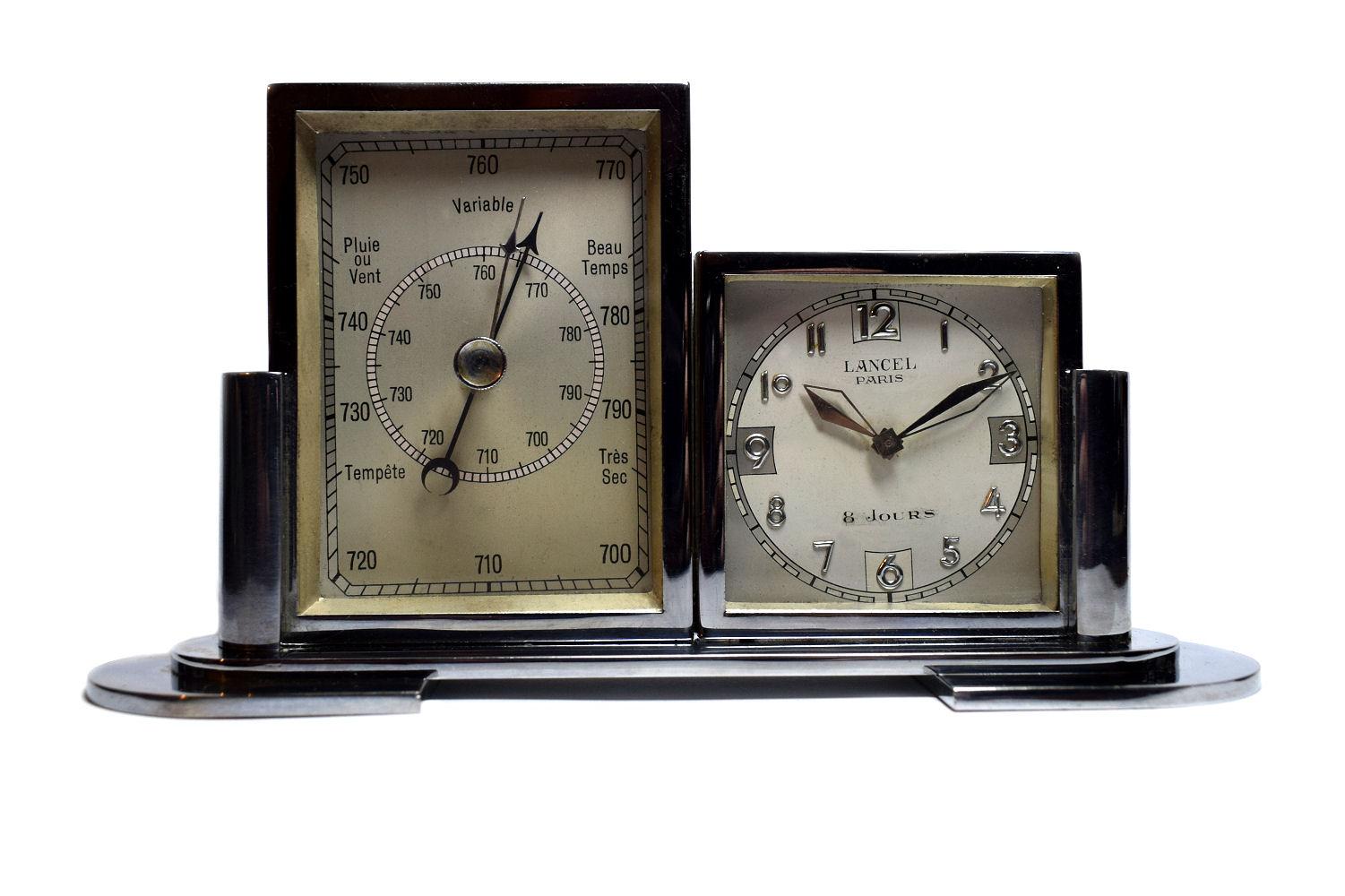 1930s Art Deco Chrome Barometer and Clock 1