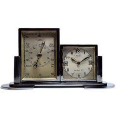 Vintage 1930s Art Deco Chrome Barometer and Clock