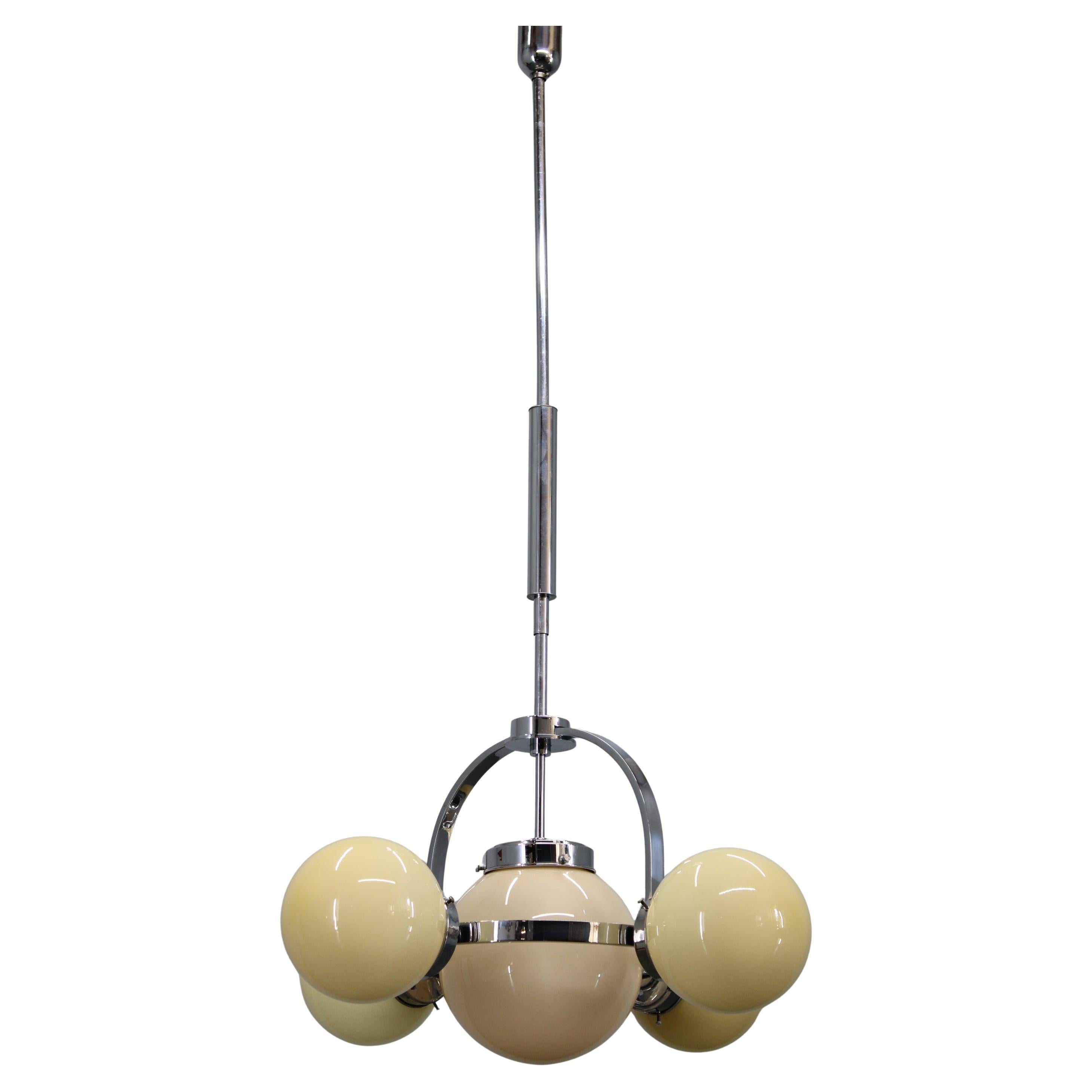 1930s Art Deco Chrome Chandelier with Champagne Opaline Glass Shades
