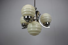 1930s Art Deco Chrome Chandelier with Champagne Ribbed Glass Globes