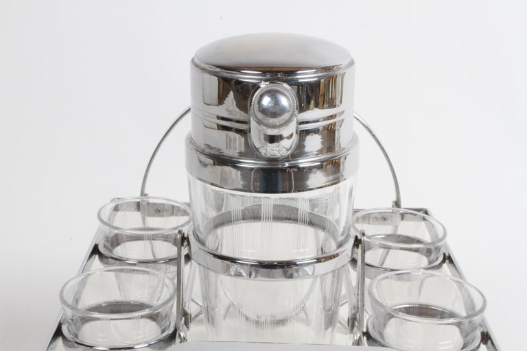 1930s Art Deco Chrome Cocktail Shaker with Six Glasses on Gyroscopic Caddy Stand For Sale 4