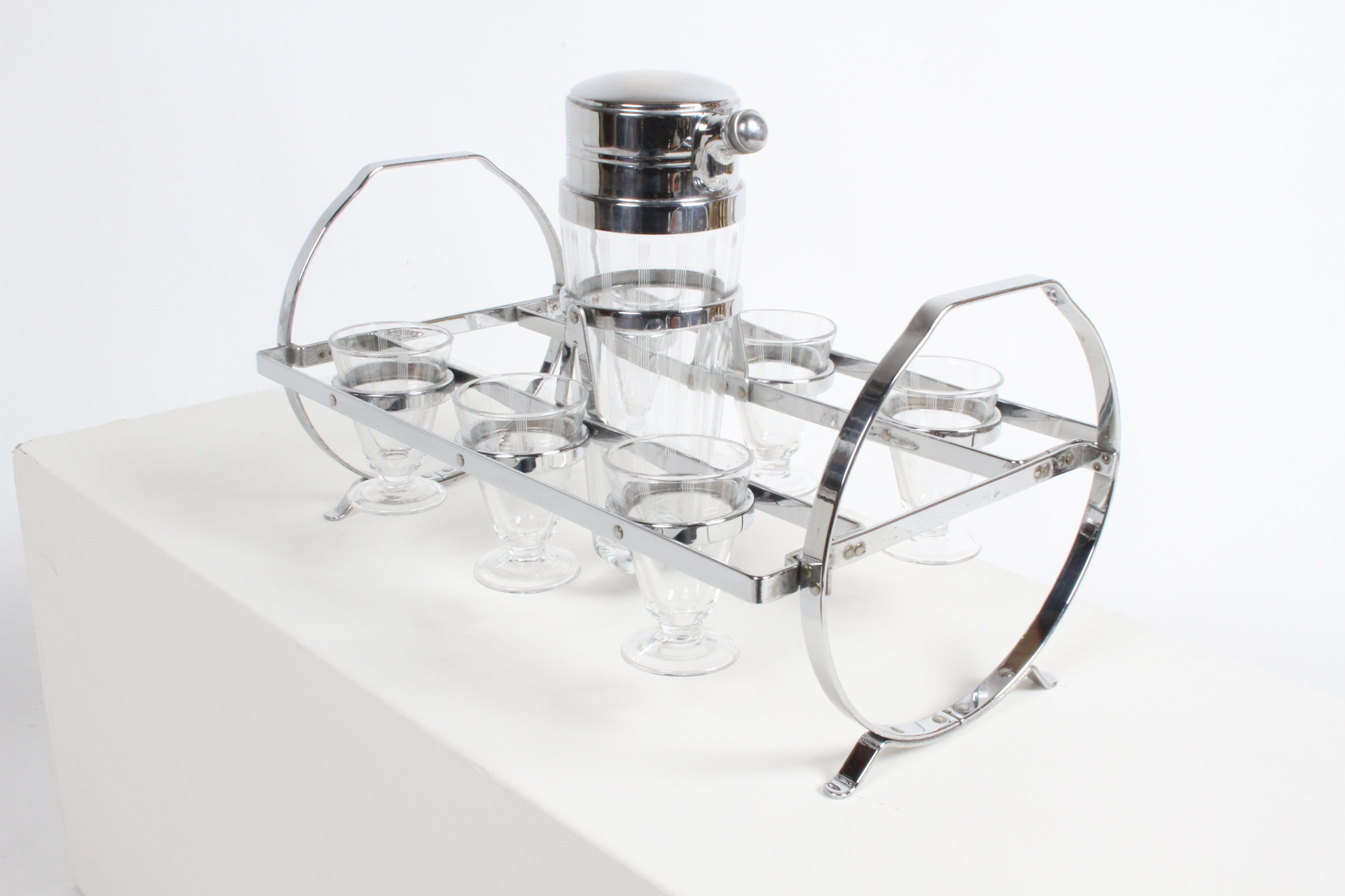 1930s Art Deco Chrome Cocktail Shaker with Six Glasses on Gyroscopic Caddy Stand For Sale 4