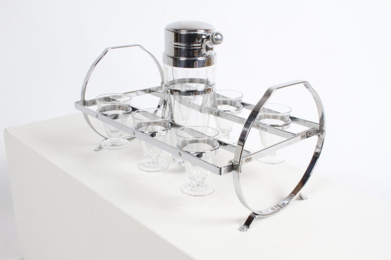 1930s Art Deco Chrome Cocktail Shaker with Six Glasses on Gyroscopic Caddy Stand For Sale 5