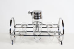1930s Art Deco Chrome Cocktail Shaker with Six Glasses on Gyroscopic Caddy Stand