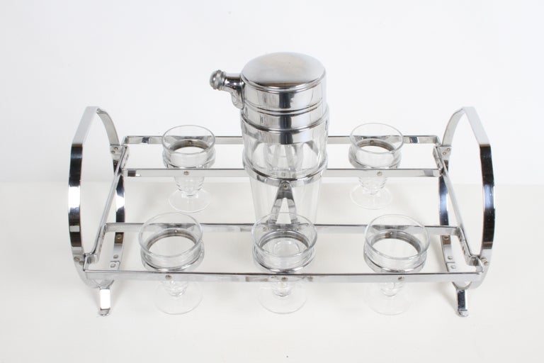 American 1930s Art Deco Chrome Cocktail Shaker with Six Glasses on Gyroscopic Caddy Stand For Sale