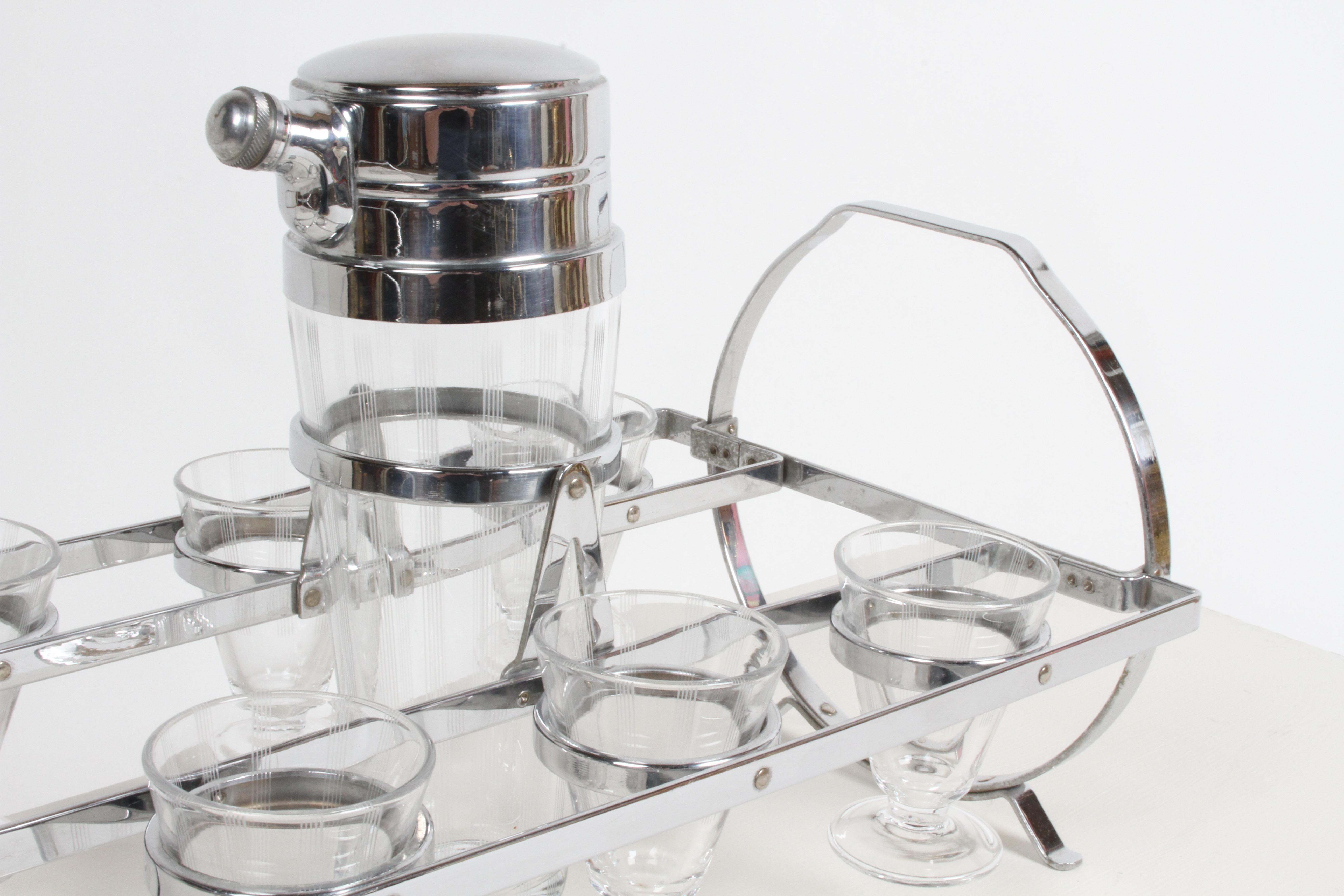 Cut Glass 1930s Art Deco Chrome Cocktail Shaker with Six Glasses on Gyroscopic Caddy Stand For Sale