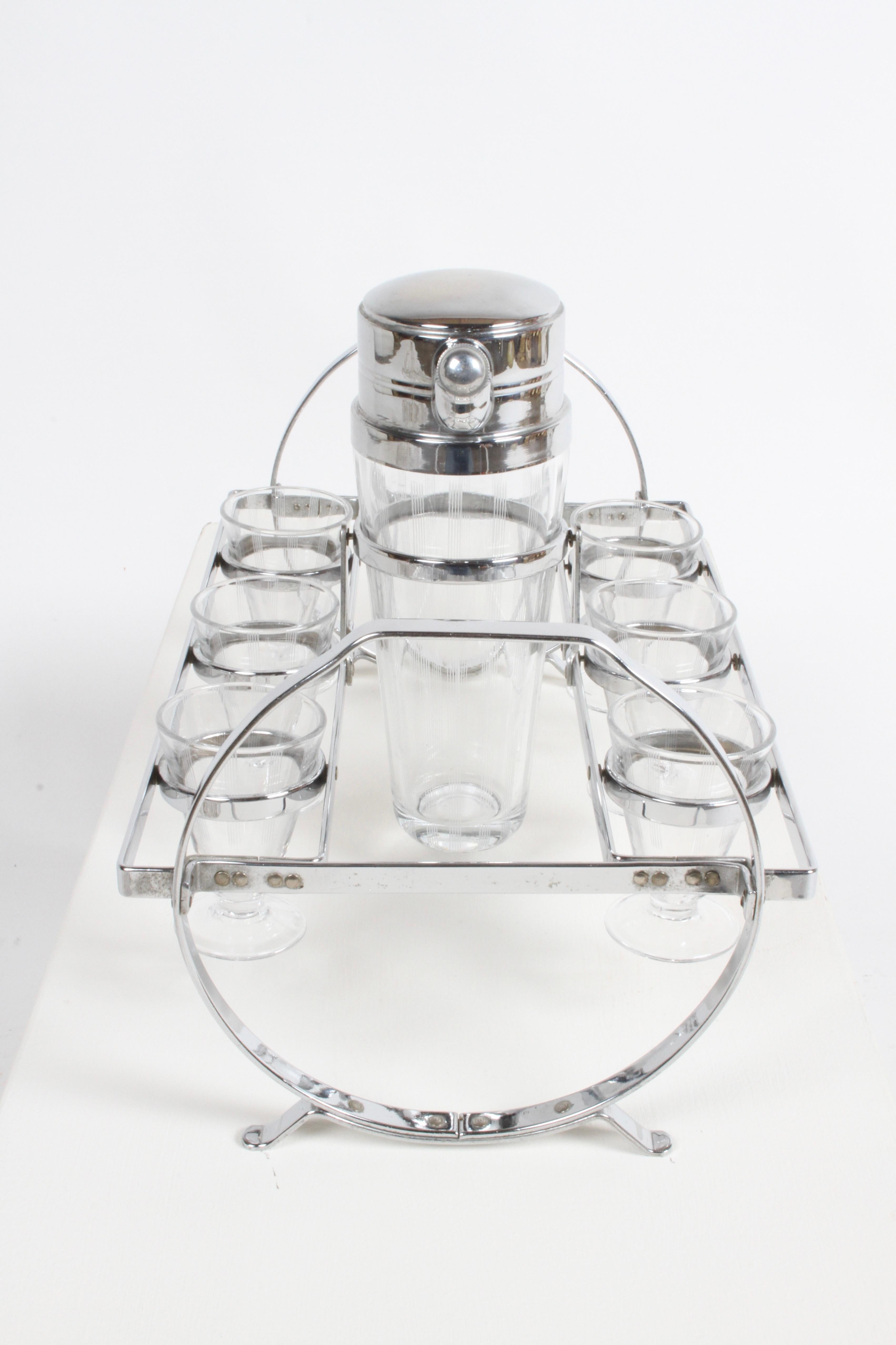 1930s Art Deco Chrome Cocktail Shaker with Six Glasses on Gyroscopic Caddy Stand For Sale 1