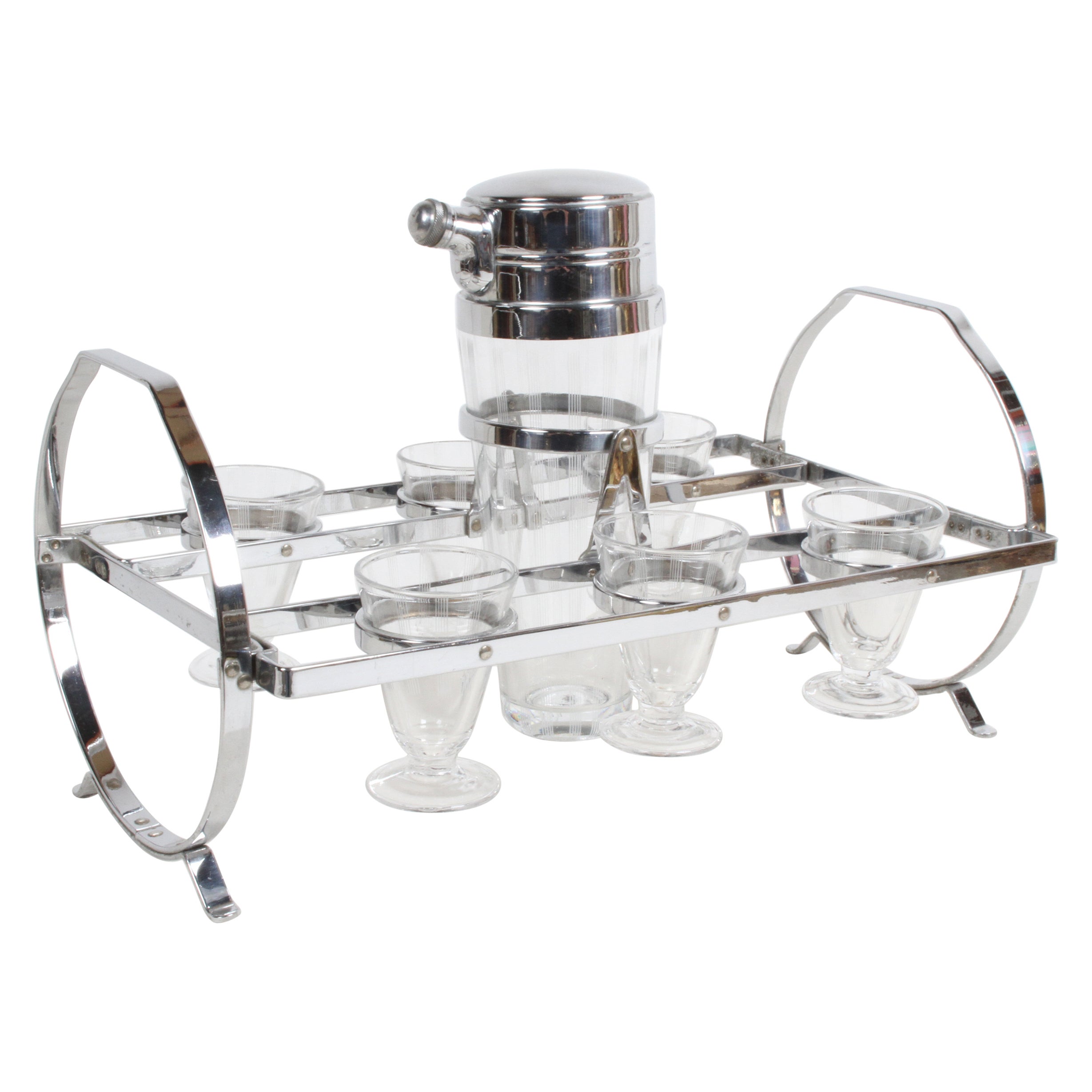 1930s Art Deco Chrome Cocktail Shaker with Six Glasses on Gyroscopic Caddy Stand