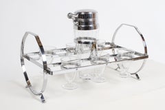 1930s Art Deco Chrome Cocktail Shaker with Six Glasses on Gyroscopic Caddy Stand