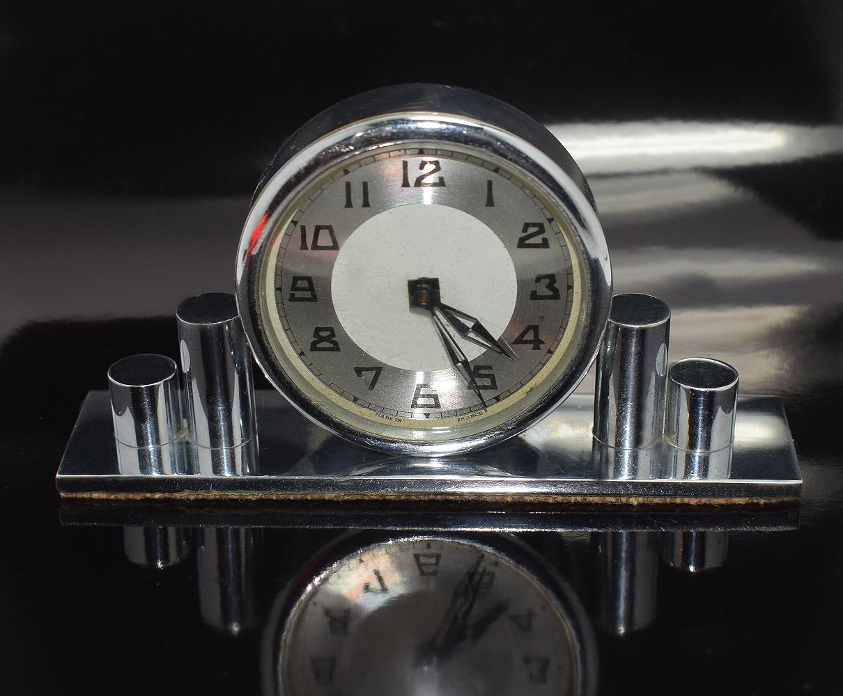 1930s Art Deco Chrome Miniature Clock In Good Condition In Devon, England