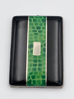 1930s Art Deco Cigarette Case Alligator Lizard Skin pattern Green & Black Enamel