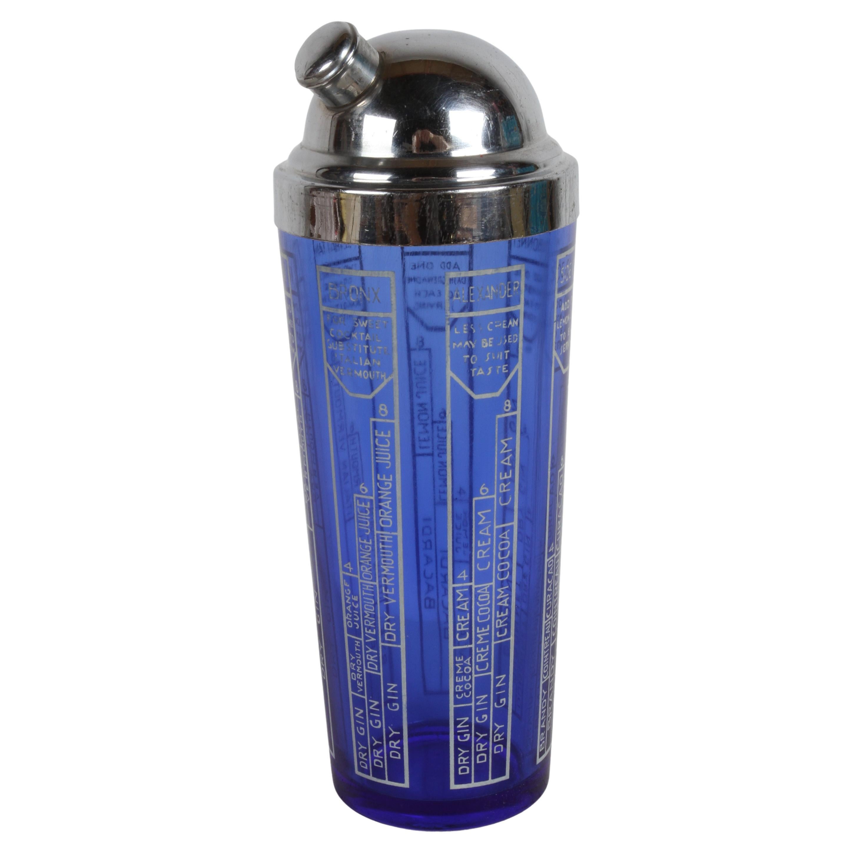 1930s Art Deco Cobalt Blue Glass & Chrome Cocktail with Drink Recipes
