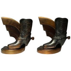 1930s Art Deco Cooper Plated Cowboy Boot Bookends by Trophy Craft