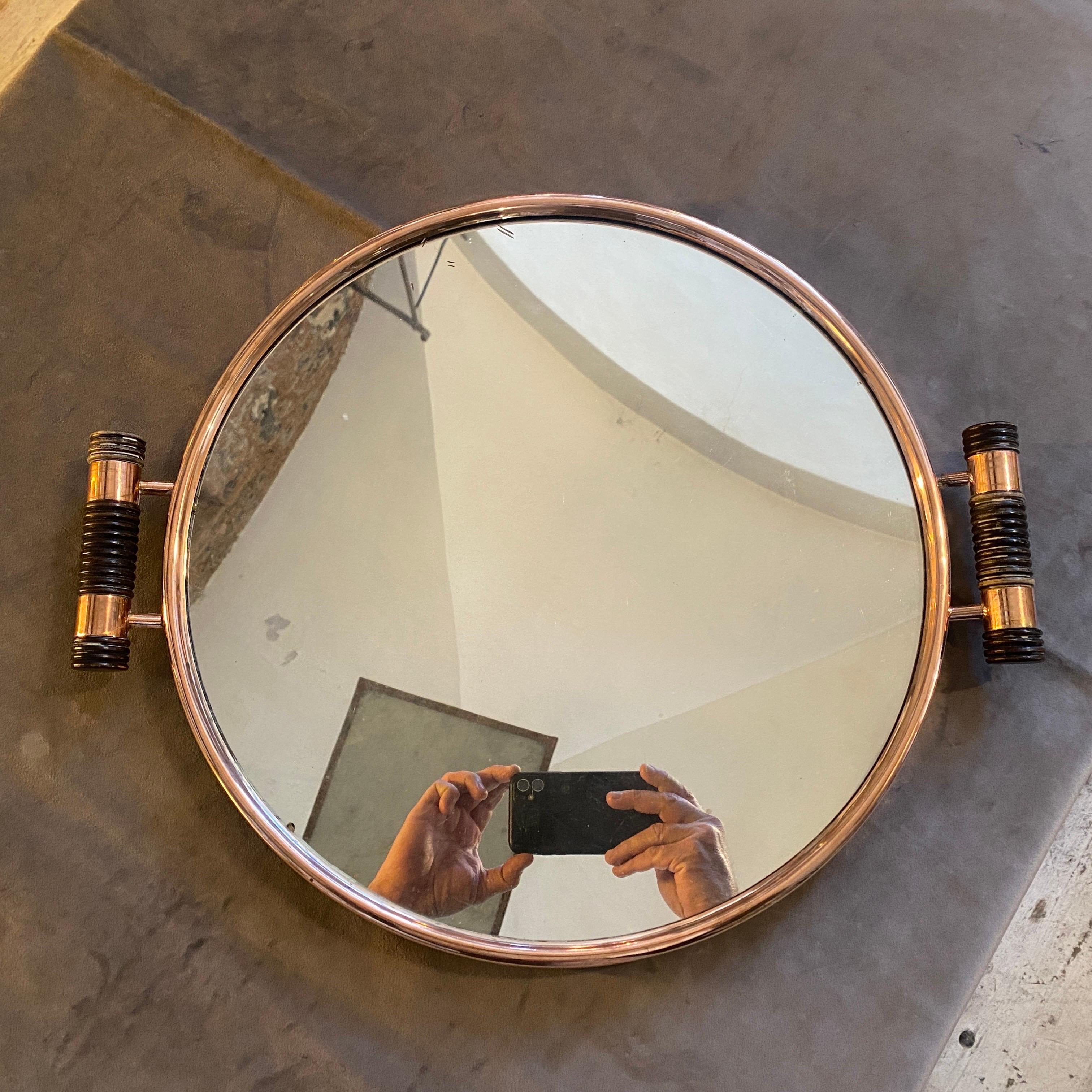 A 1930s Art Deco Copper Copper Mirror and Ebony Handles Italian Round Tray For Sale 1