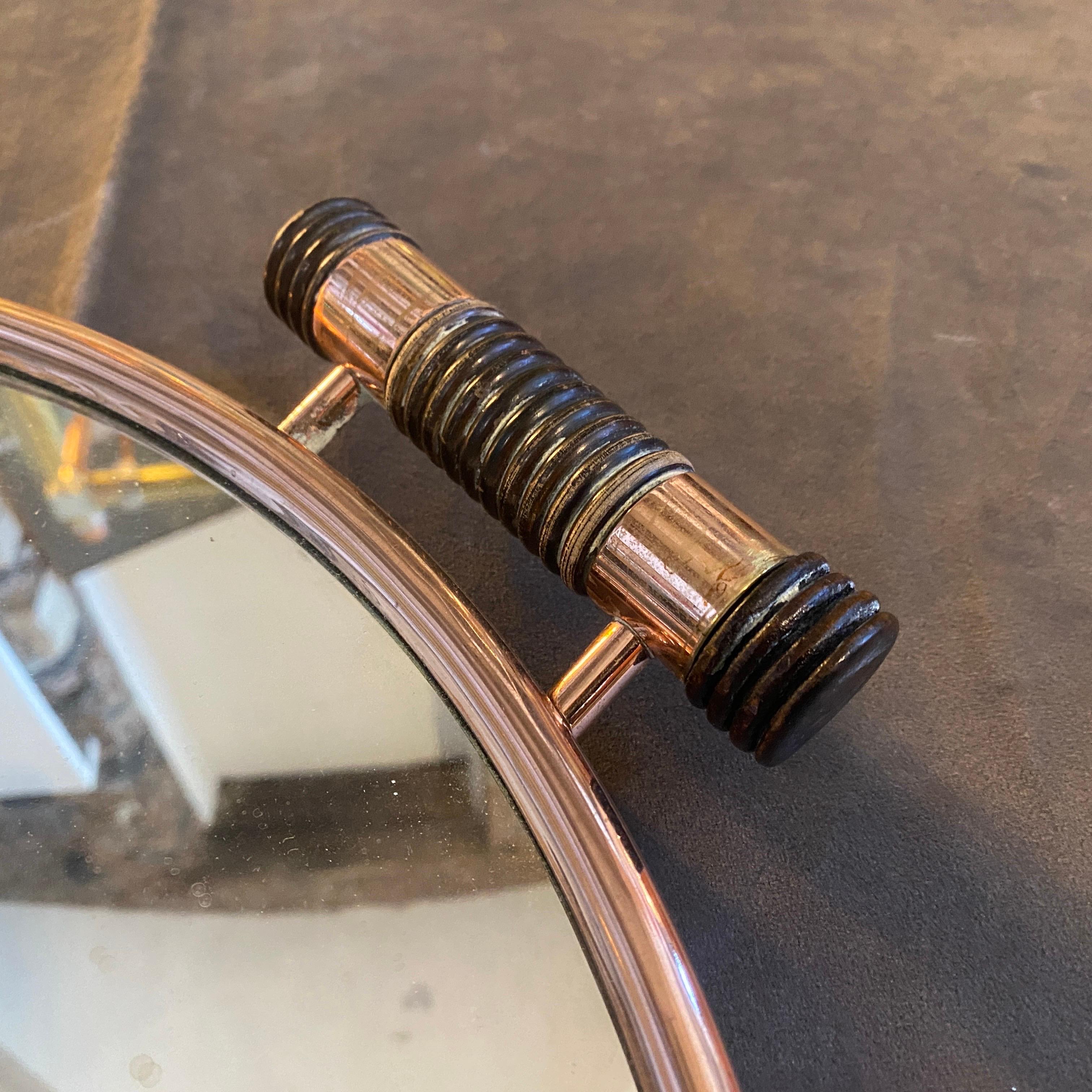 A 1930s Art Deco Copper Copper Mirror and Ebony Handles Italian Round Tray For Sale 2
