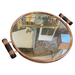 Art Deco Copper Mirrored Glass and Ebony Handles Italian Round Tray, 1930s