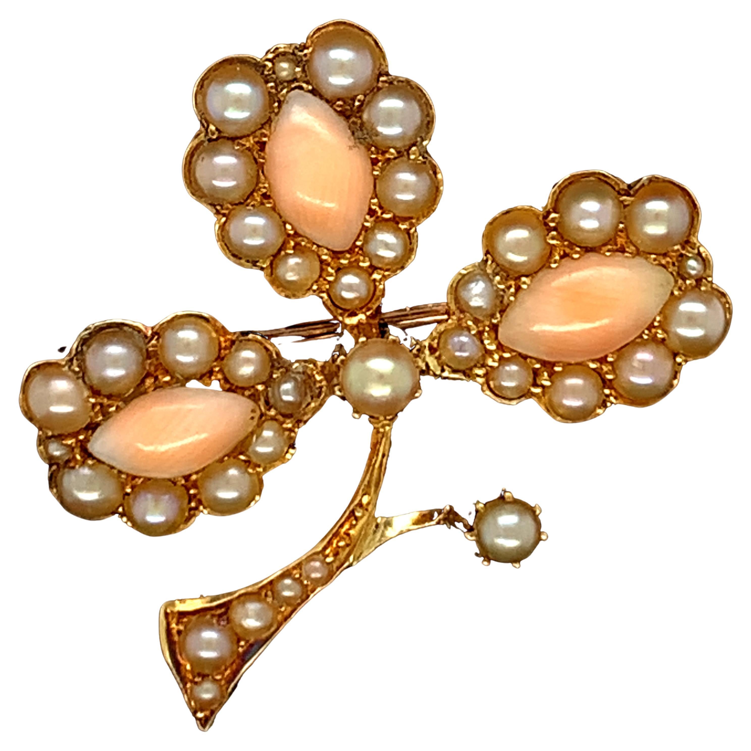 1930s Art Deco Coral and Pearl Brooch Pin For Sale
