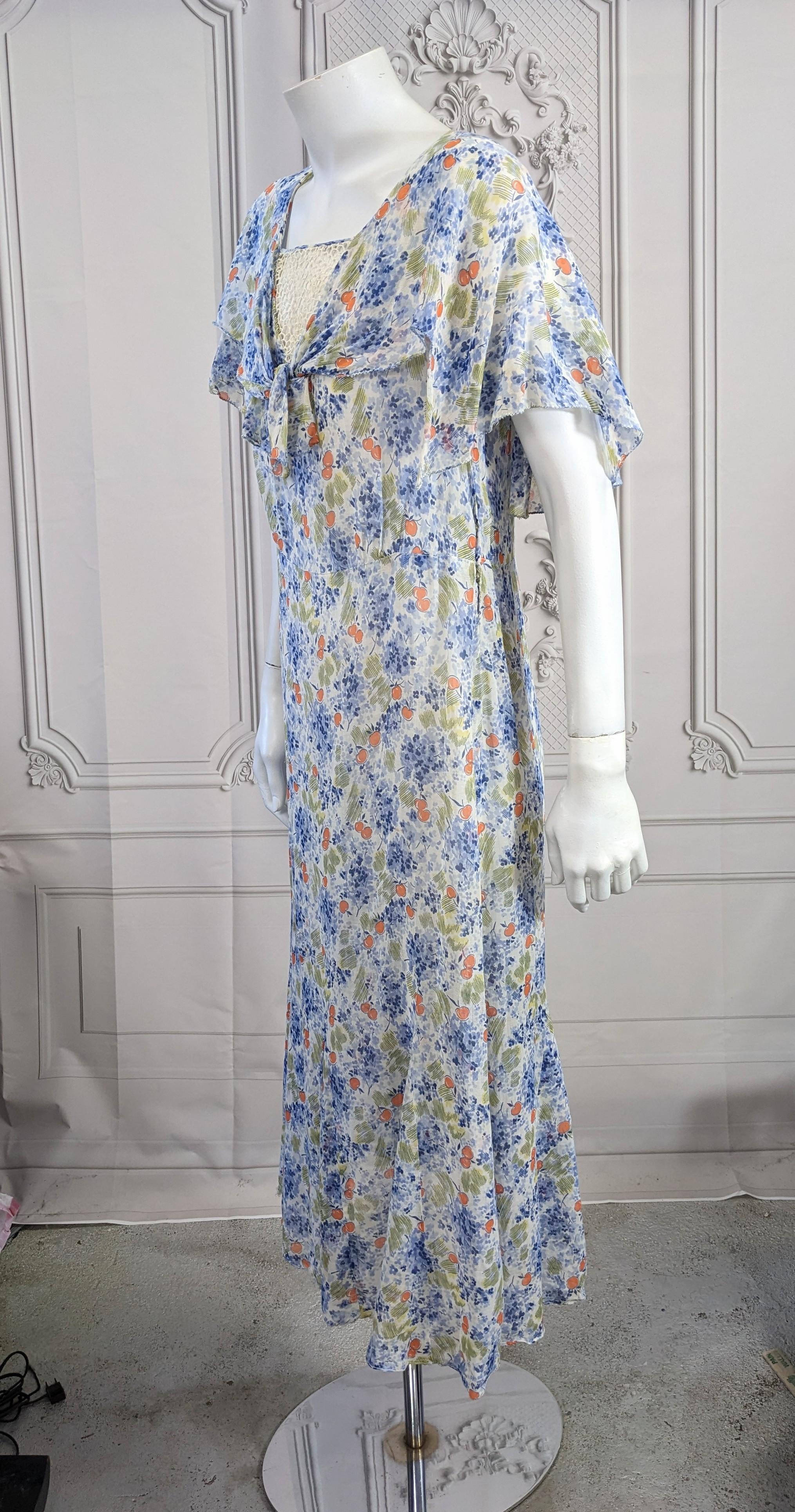 Gray 1930's Art Deco Cotton Cherry Print Day Dress For Sale