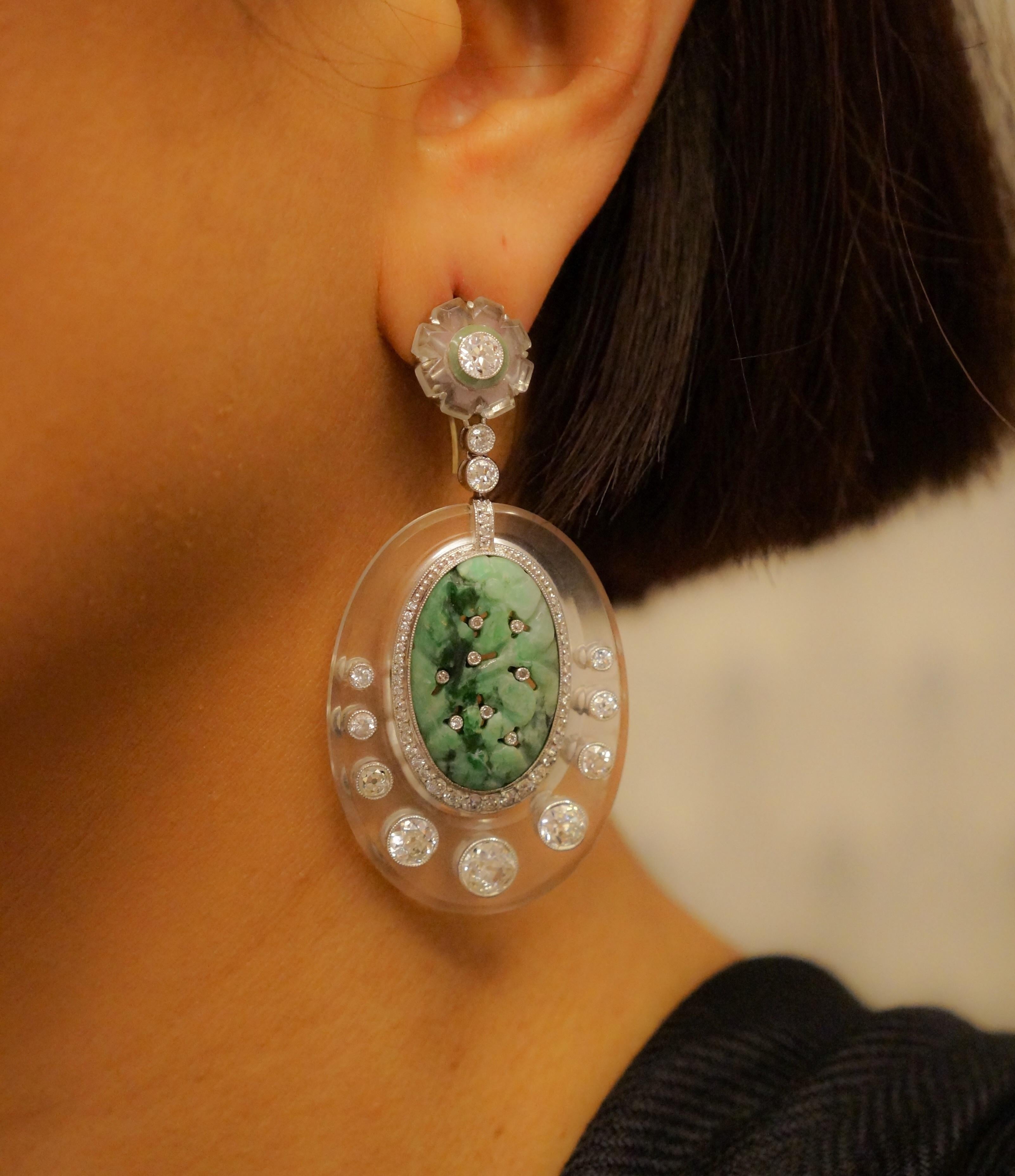 1930's Art Deco Crystal, Jade, Diamond and Platinum Earrings In Excellent Condition In New York, NY